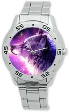 Sons/Husbands Gifts Galaxy Space Nebula Wolf Purple Analogue Stainless Steel Men's Watch