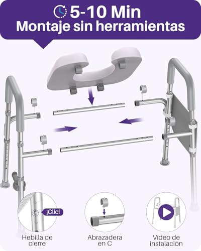 KEKOY Elevador WC adulto con 7 ajustes de altura y 3 de ancho y reposabrazos. Montaje sin herramientas, el alzador WC adulto es compatible con la mayoría de inodoros, ideal para mayores, Gris