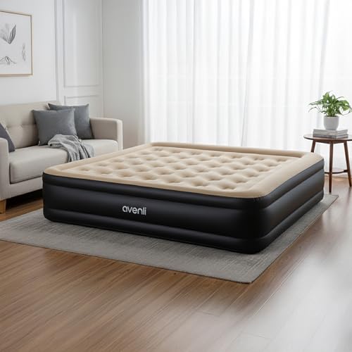 AVENLI Matelas Gonflable 2 Personnes 203x157x47 cm, Lit Gonflable Autogonflant Double avec Pompe Électrique Intégrée, Matelas pour Camping & Lit d'Appoint, Coil-Beam, Beige