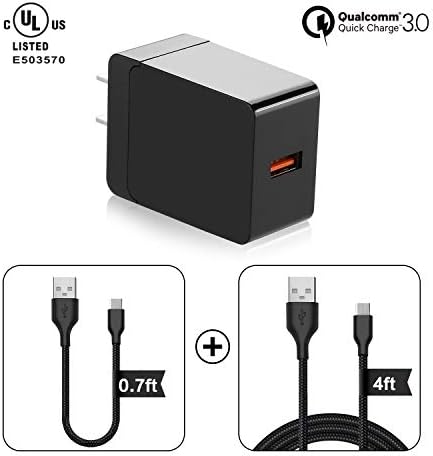 Qualcomm Certified/UL Listed 18W Quick Charge 3.0 Wall Charger, QC2.0/3.0 Adaptive Fast Charge AC Adapter with 0.7Ft/4Ft Micro USB Cable Compatible with Samsung Galaxy S7/S6, LG, Sony and More (Black)