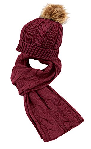 Angela & William Unisex Winter Warm Cable Knit Scarf with complementing PomPom Slouchy Beanie Hat - Burgandy