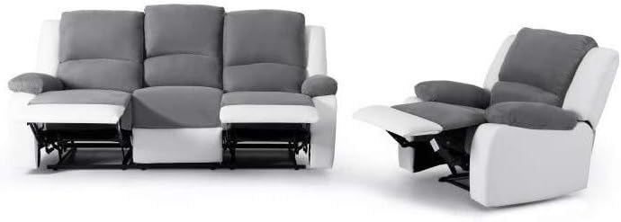 Relax Ensemble Canapé De Relaxation 3 Places Fauteuil 190x93x96 Cm 86x90x95 Cm Bi Matiere Gris Et Blanc