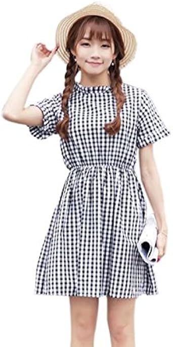 Amigoyo レディースドレス 春夏 純綿 森ガール 高校生 学生 ジュニア 大学生 半袖ワンピース 少女風 可愛い 格子縞 ドレス 優雅復古風 ミモレ丈ワンピース 膝丈 洋服 パーティー 結婚式 イブニングドレス 通販 Amazon