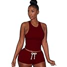 OVERMAL Women 2 Piece Set Sleeveless Split Casual Short Pants Casual Outfit Sportswear (XXL, Wine)