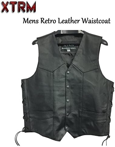 XTRM MENS RETRO LEATHER WAISTCOAT BLACK Motorcycle Motorbike Scooter Biker Vest With Side Laces
