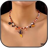 Lookray Halloween Necklace for Women Pumpkin Beaded Pendant Necklace Ghost Vampire Black Cat Skeleton Charms Rice Bead Choker Necklace Halloween Witch Vampire Costume Accessories