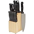AmazonBasics 14-Piece Knife Set with High-carbon Stainless-steel Blades and Pine Wood Block