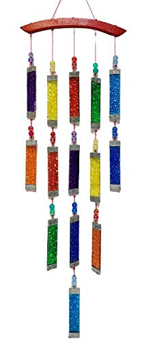 My Family House Fair Trade Windchime Glass Mobile Suncatcher Garden Wall Art Rainbow Coloured Textured Glass Wind Chime
