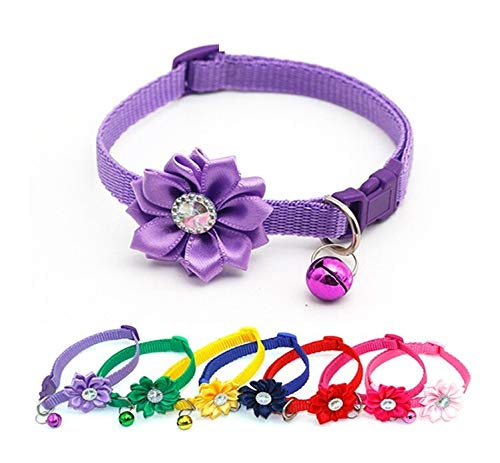 Small Dog Puppy Pet Collar Flower Floral Decoration with Bell Nylon Adjustable Size 19-32cm Purple