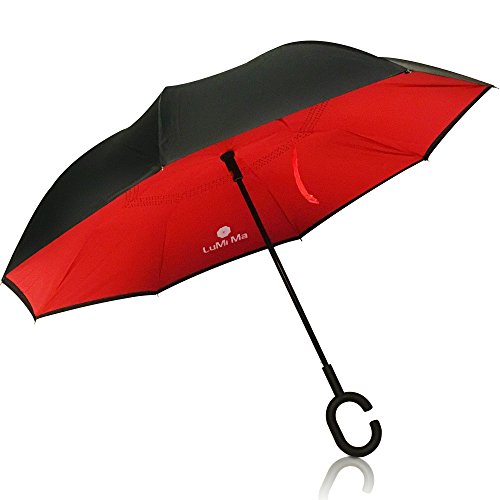 Premium Double Layer Windproof, UV Protection, Auto Click Open, Inverted Reverse Folding, Larger C-Shaped Handle Umbrella for Women and Men by LuMi Ma Products, with Carry Bag (Red)