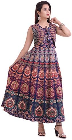 TheUrbanStreet Cotton Women's Maxi Long Semi-Stitched Fabric Jaipuri Printed with Atteched Jacket