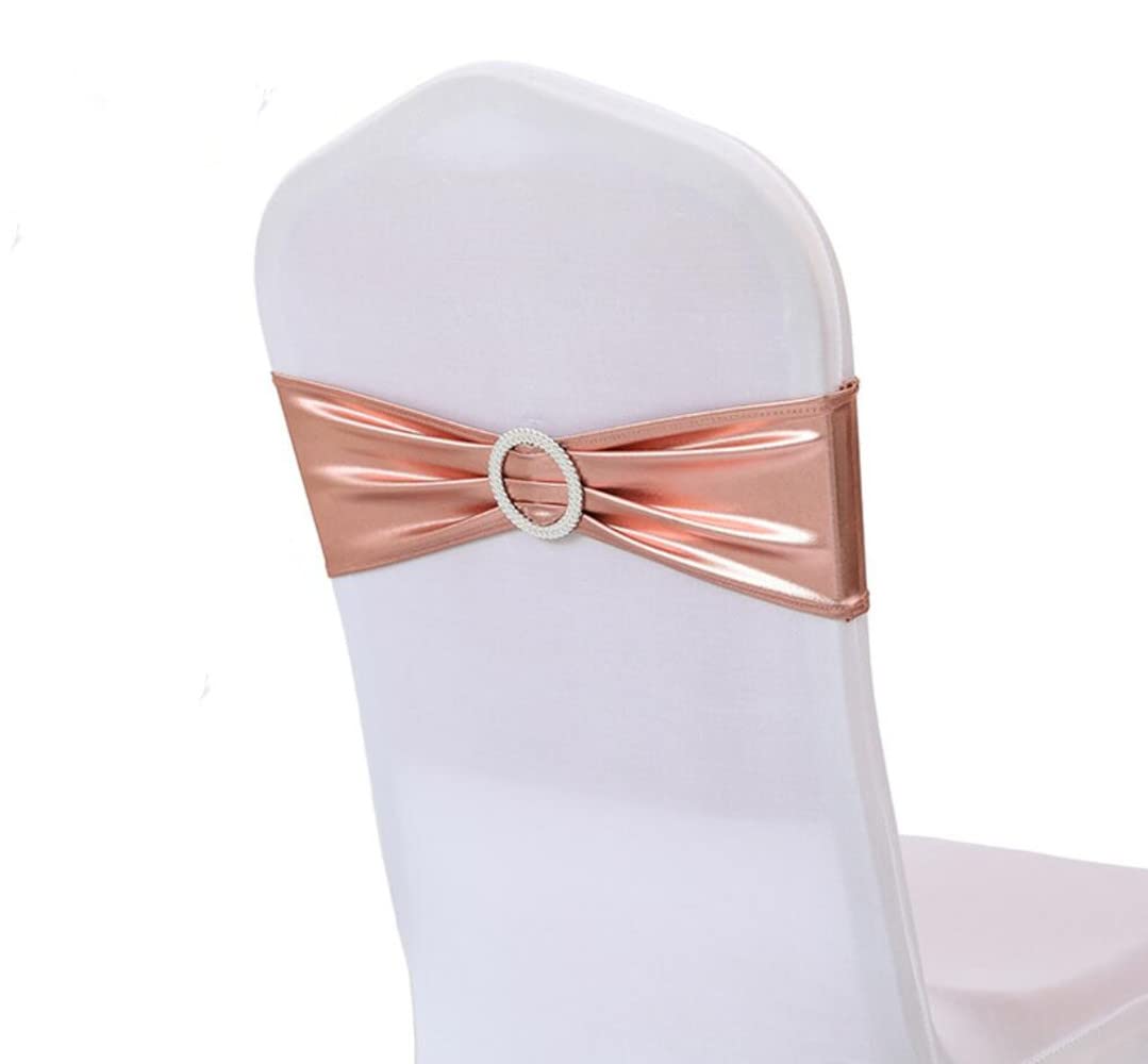 iEventStar Stretch Chair Bows With Buckle Slider Chair Bow Wedding Decorations (Metallic Rose Gold, 50)