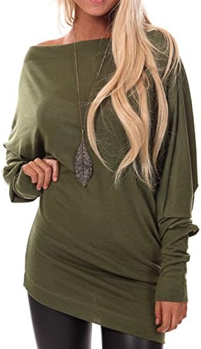 NuoReel Womens Casual Lightweight Off Shoulder Shirring Solid Dolman T-Shirt Drape Long Sleeve Blouse Top (Small Olive)