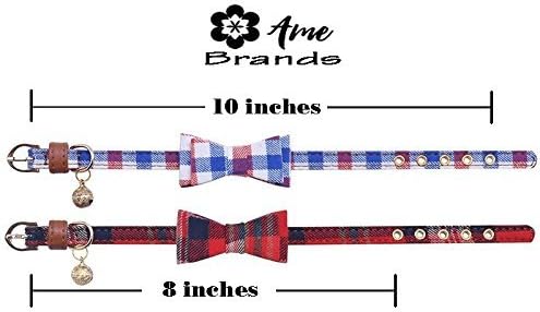 2 Piece Bow Tie Pet Collar Set - Adjustable 8 -10 inch (XS) - (1) Red &amp; (1) Blue with Removable Bell