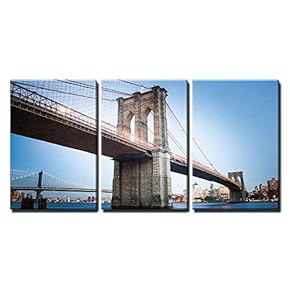 3 Piece Canvas Wall Art - Brooklyn Bridge in New York City - Modern Home Art Stretched and Framed Ready to Hang - 16"x24"x3 Panels