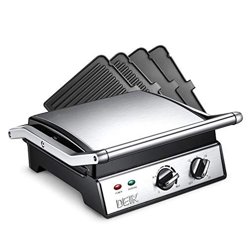 Panini Press, 6-in-1 Sandwich Maker with Timer and Temperature Control, 4 Non-Stick Removable Plates, Opens 180 Degrees for Steaks, Grilled Meat, DEIK