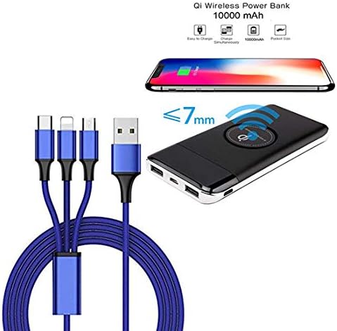 HEGATECH Combo of 10000mAh Smart Wireless & Wired Charging Power Bank with 3 in 1 Multi USB Cable 1.2meter Long, 2.1 A Output