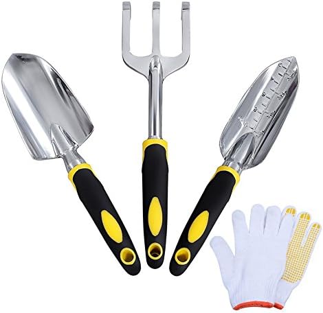 Garden Tool Set, Yuelife Sturdy 3PCS Heavy Duty Garden Kit Includes Trowel Transplanter, Cultivator with1 Pair Free Gloves-Perfect Garden Tools for Gardening/Weeding/Digging -Yellow