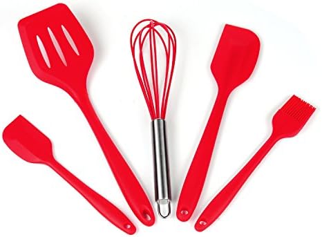 iLOME Silicone Spatula Utensil Set Heat-Resistant Non-Stick Cooking Baking Utensils with Hygienic Solid Coating Spatula Set 5 Pieces(Red)