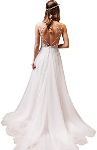 XJLY A Line Spaghetti Strap Criss-Cross Lace Beach Boho Wedding Dresses with Belt