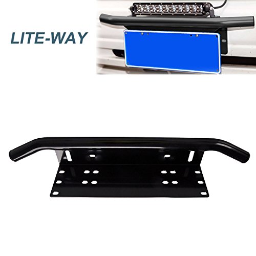 Liteway License Plate Holder and Light Bar Mount Aluminum Bull Bar Style Front Bumper Number Plate Frame for Daytime Running Light Offroad LED Light Bar, Suitable for Most Vehicles, Black