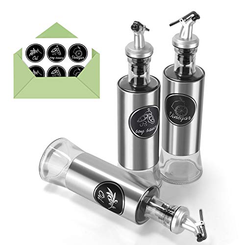 Neptonion Stainless Steel OliveOil set Bottle Glass Vinegar 11oz Sauce Cruet Pourer Dispensing, (Funnel included)(3 Packs)