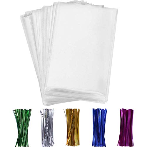 Cellophane Bags，200pcsTreat Bags with 200 Twist Ties 5 Mix Colors Good for Bakery, Cookies, Candies,Dessert，Popcorn (4