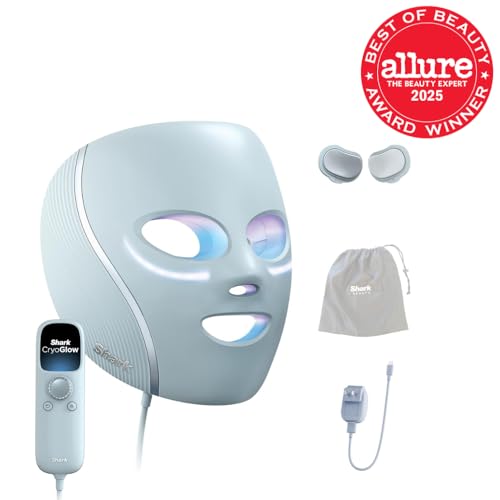 SHARK CRYOGLOW LED FACE MASK WITH UNDER-EYE COOLING, ANTI-AGEING & BLEMISH REPAIR, RED & BLUE LED, INFRARED LIGHT THERAPY, USB-C, REMOTE CONTROL, STORAGE BAG, BLUE FROST, FW312