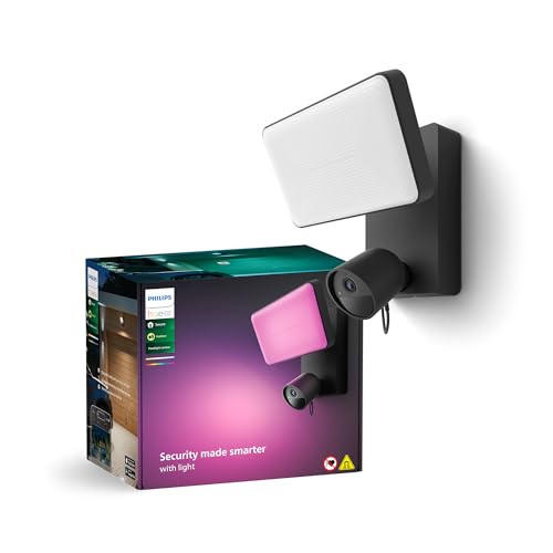 Philips Hue Secure Outdoor Flutlicht mit integrierter 1080p Smart Home Sicherheitskamera, schwarz, für den Außenbereich, Zwei-Wege-Gespräch, per Hue App steuerbar