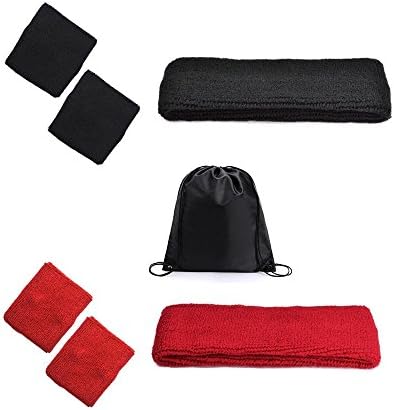 Three Legs Premium Soft Cotton Wristband Headband Sweatband Set ( 2 Headbands and 2 Pair Wristbands) for Sports and Outdoor Activities (2 Set-Black and Red)