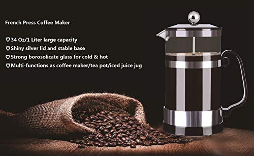 SmartHom French Press Coffee Maker 34 Oz 8 Cups, Particular Coffee Press & Tea Maker with Triple Filters and Durable Heat Resistant Glass (Silver)