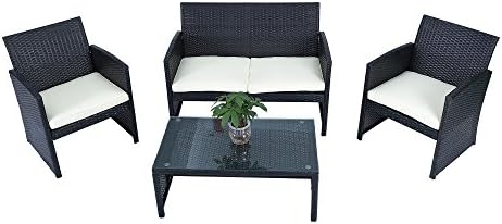 4-Piece Garden PE Rattan Wicker Sofa Set Cushion Outdoor Patio Sofa Couch Furniture, Black
