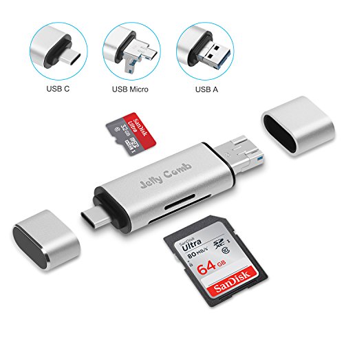 SD Card Reader, Jelly Comb 3-in-1 USB 3.0 / USB C / Micro-USB Adapter - SD, Micro SD, SDXC, SDHC, Micro SDHC, Micro SDXC Memory Card Reader for Macbook PC Tablets Smartphones with OTG Function