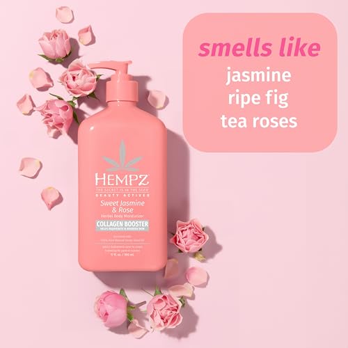 HEMPZ SWEET JASMINE & ROSE HERBAL BODY MOISTURIZER FOR WOMEN, 17 FL. OZ. – MOISTURIZING LOTION WITH 100% PURE HEMP SEED OIL, COLLAGEN, SHEA BUTTER – HYDRATING VEGAN LOTION FOR DRY SKIN