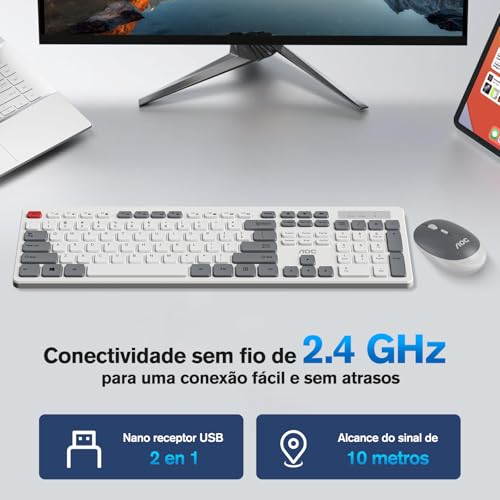 Combo de Teclado e Mouse sem Fio AOC KM600, Conexão Sem Fio 2,4 GHz, Mouse 3 DPI Ajustável Até 1600, Combo Teclado e Mouse Design Ergonômico, Compatível com PC e Mac