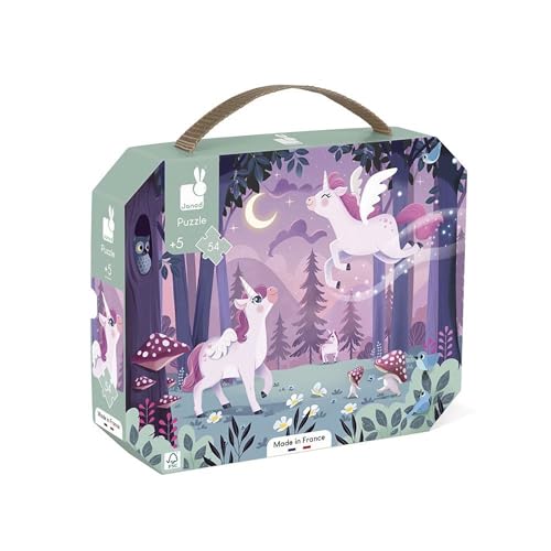 Janod Jigsaw Puzzle 54 Piece, Unicorn Theme, Learning Game, Fine Motor Skills and Concentration, FSC Certified Valisette Handle, Vegetable Print Colors, Ages 5+, J02555, Purple