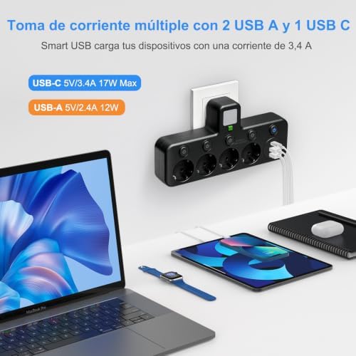 Soquetes Thief 8 em 1 com interruptor independente, luz noturna, ficha Thief flat USB C, múltiplas tomadas 2500W com 4 tomadas AC, fita de parede para escritório, cozinha, preta — foto 4 de 6