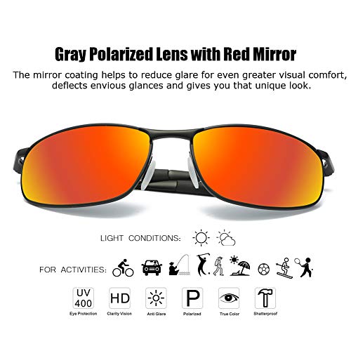 Polarized Sunglasses for Men, ZHILE 8-base Curve Wrap Metal Frame for Fishing Sporting Driving with Sunglasses Case (Black frame Orange Red mirrored lens, 57)