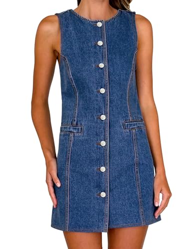 Nitzana Women's Denim Dress Jean Sleeveless Button Down Shirt Mini Tank Casual Summer Dresses with Pocket 2025 Trendy Outfits