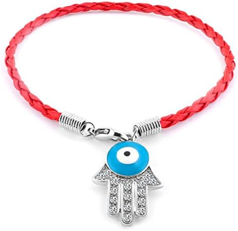 PugsterJewelry Clear White Color Crystals Evil Eye Hamsa Hand Of Fatima Braided Leather Bracelet (Red)