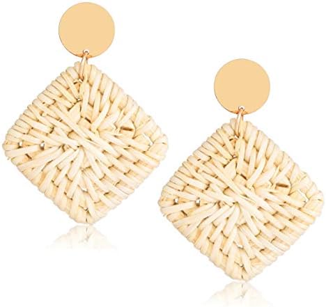 GBLW Rattan Straw Dangle Earrings Boho Wicker Woven Handmade Earrings Lightweight Geometric Drop Stud Earrings for Women Girls