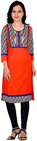 RISHABH Women's Cotton Straight Kurta Small Orange