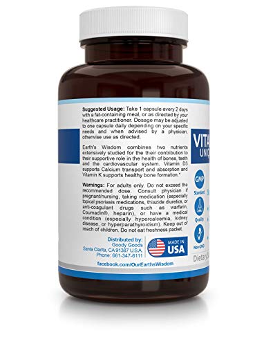 image for Earth's Wisdom Vitamin D3 5000 IU with K2 (MK7) Formula. Bone & Heart 