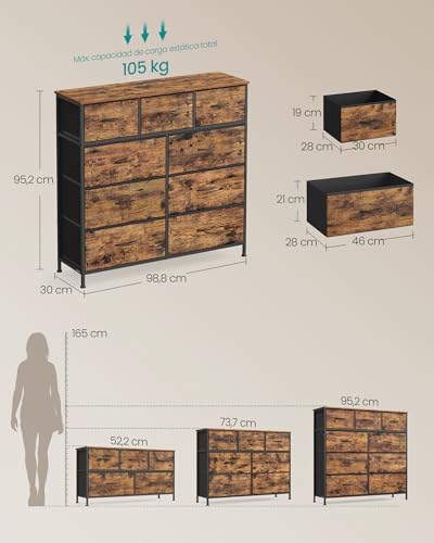 SONGMICS Cómoda, con 9 Cajones, Mueble de Almacenaje, Tela no Tejida, para Dormitorio, Recibidor y Salón, Marrón Rústico y Negro Tinta MLGS324BH04