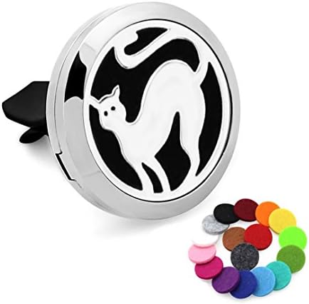 Car Air Freshener Aromatherapy Essential Oil Diffuser-Cute Cat Stainless Steel Locket,17 Refill Pads