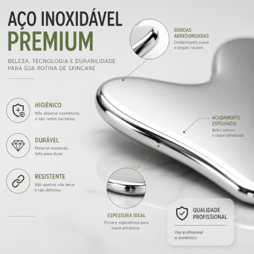 Pedra Gua Sha Inox Profissional – Massageador Facial e Corporal Anatômico, Drenagem Linfática e Lifting Natural, Aço Inoxidável Médico, Reutilizável e Higiênico (Inclui Bolsinha Protetora)