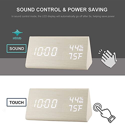 JALL Digital Alarm Clock, with Wooden Electronic LED Time Display, 3 Alarm Settings, Humidity