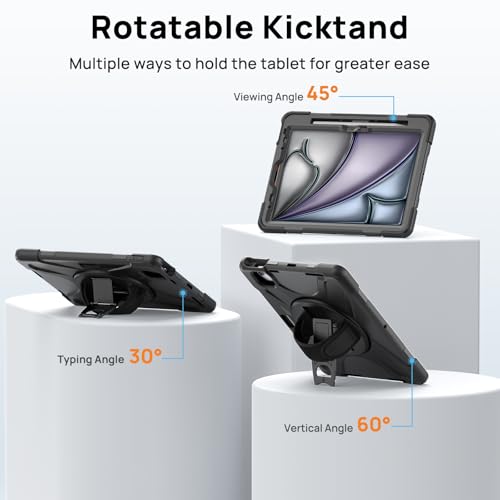 Gerutek Shockproof Case for iPad Air 11 inch M4/M3/M2 (2026/2025/2024)/Air 5th/Air 4th/iPad Pro 11 (4th/3rd/2nd/1st Gen), Heavy Duty Case with 360 Rotating Stand, Hand Strap and Shoulder Strap, Pen Holder, Black