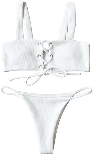 IMAYIO Ribbed Texture Lace up Bathing Siut Women Summer Swimsuits (White, L)