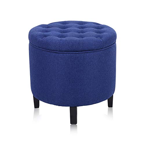 YAMASORO Fabric Cushion Button Lift Top Storage Footstool, Height 18 Inches Strudy Round Ottomans & Storage Ottomans, Blue